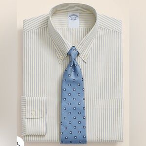 NWOT Brooks Brothers Yellow Blue Cotton Non-Iron Striped Dress Shirt 17 6-7 XL